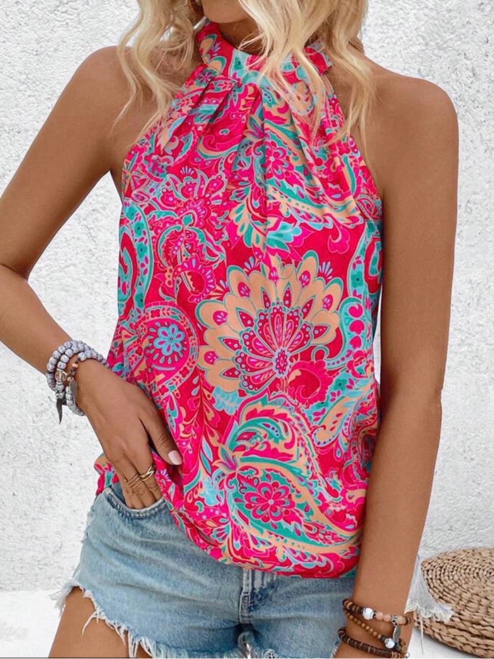 Bright Pink Paisley Halter Neck Tank Top